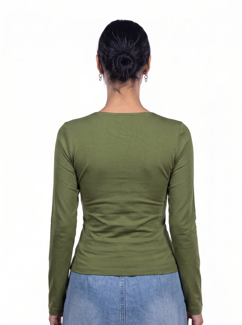A woman viewed from the back wearing a fitted olive green long-sleeve top and light blue jeans against a plain white background.