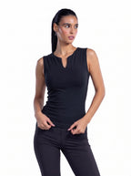 A woman modeling a sleeveless black athletic tank top with a split neckline, paired with black leggings, against a plain white background. [model:1]