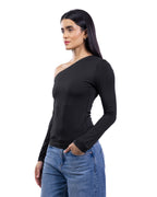 A woman modeling a black long-sleeve one-shoulder top paired with blue jeans against a plain white background. [model:2]