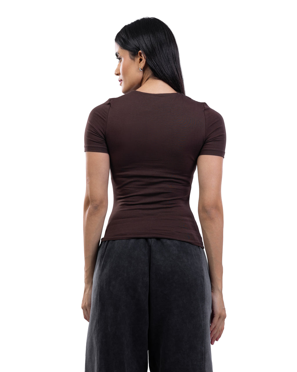 A woman shown from the back wearing a fitted short-sleeve dark brown top and dark gray wide-leg pants against a plain white background.