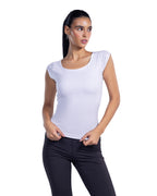 A woman modeling a white scoop-neck sleeveless top with cap sleeves, paired with black pants, against a plain white background. [model:1]