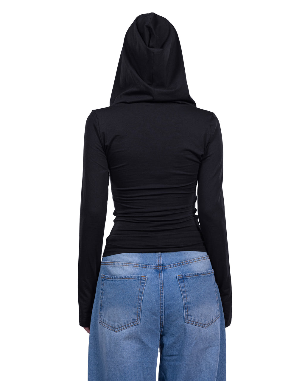 A person shown from the back wearing a fitted black long-sleeve hooded top and light blue jeans against a plain white background.