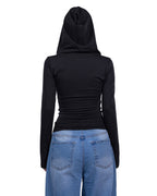 A person shown from the back wearing a fitted black long-sleeve hooded top and light blue jeans against a plain white background. [model:1]