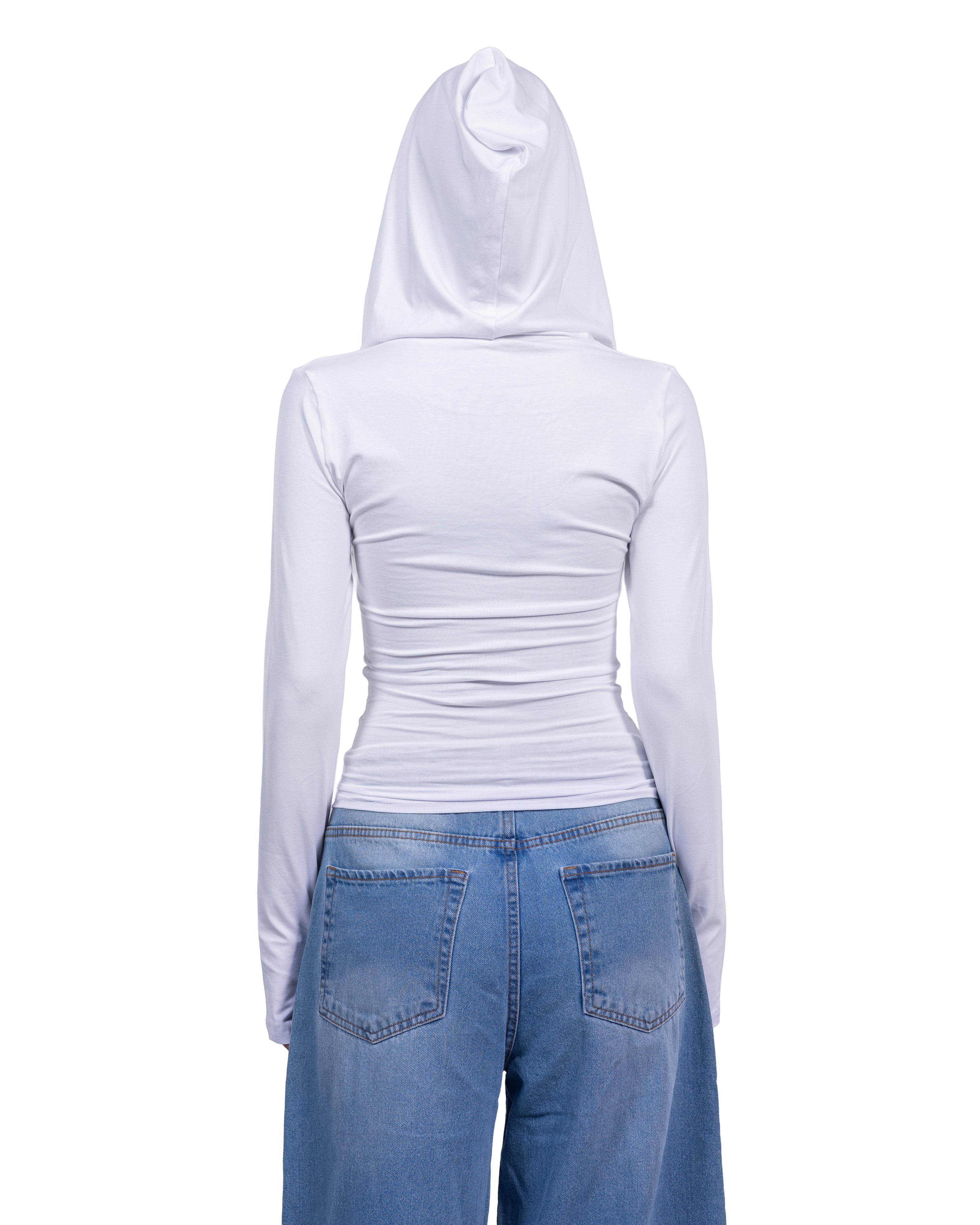 A person shown from the back wearing a fitted white long-sleeve hooded top and light blue jeans against a plain white background.