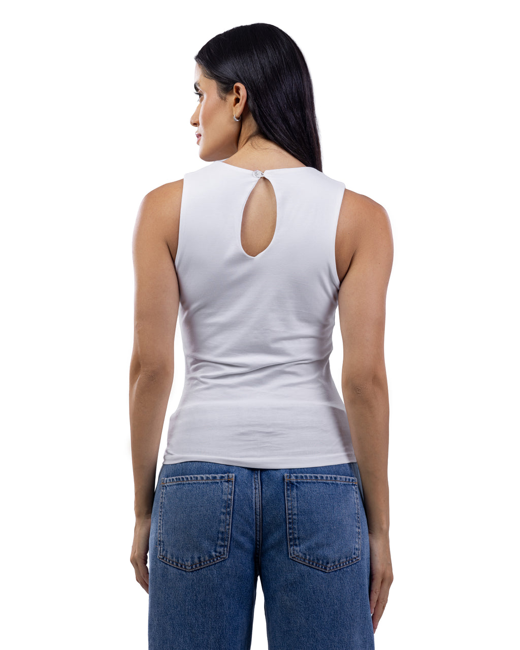 A woman shown from the back wearing a fitted sleeveless white top with a small keyhole cutout at the neckline, paired with blue jeans, against a plain white studio background.