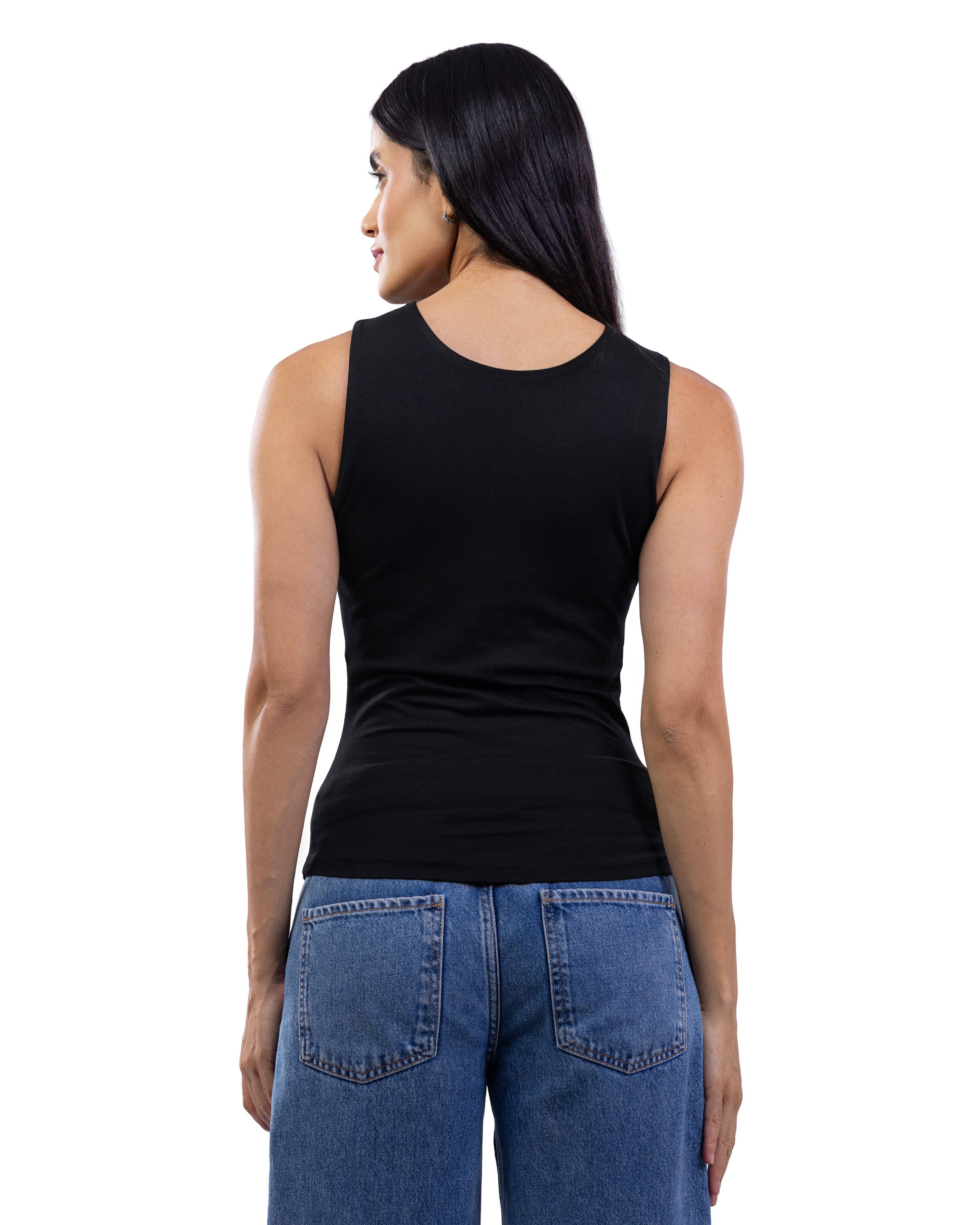 A woman shown from the back wearing a black sleeveless tank top and blue jeans against a plain white background.