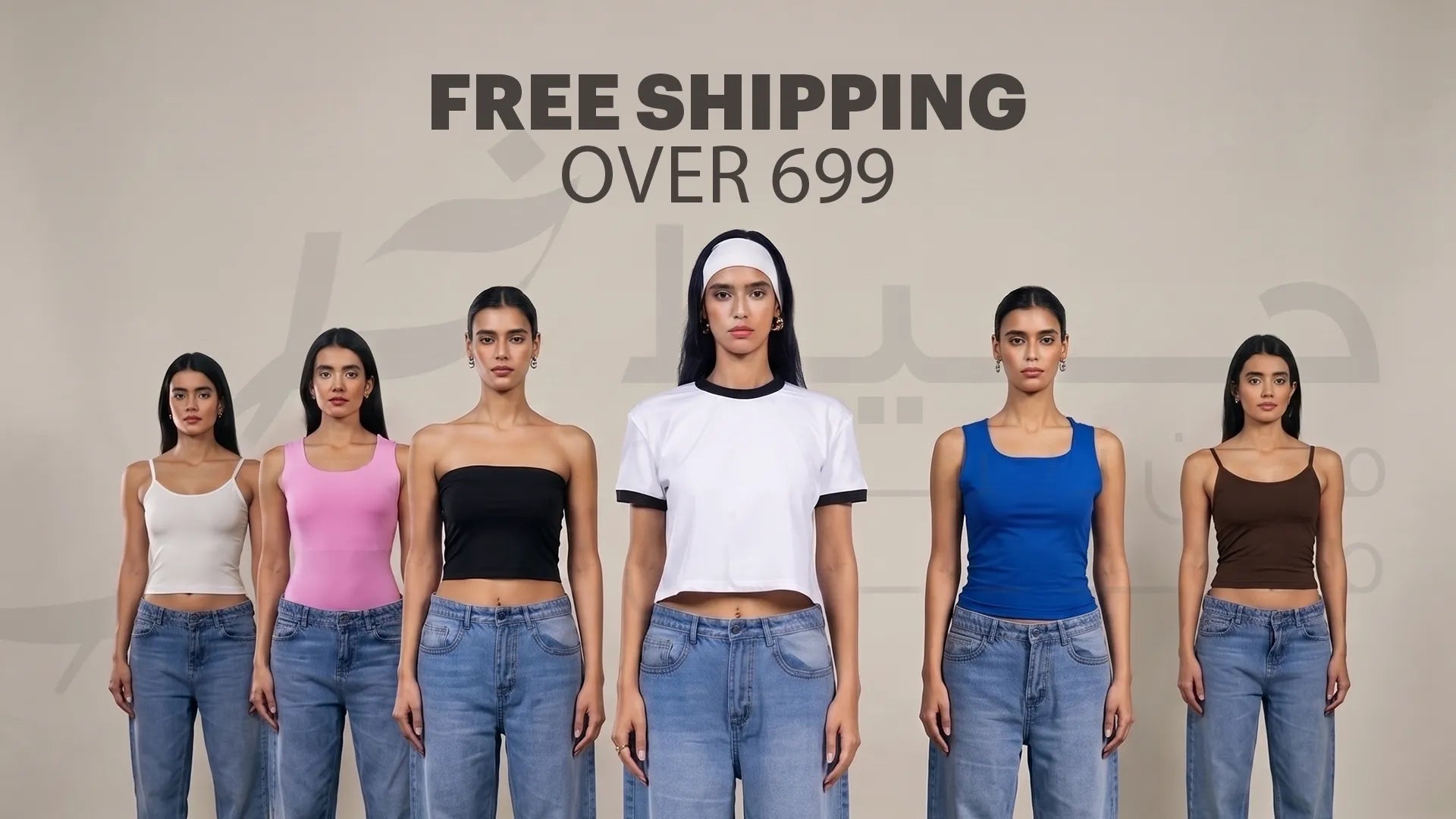 Six women standing in a row wearing different sleeveless tank tops and blue jeans against a beige background with 'FREE SHIPPING OVER 699' text at the top.